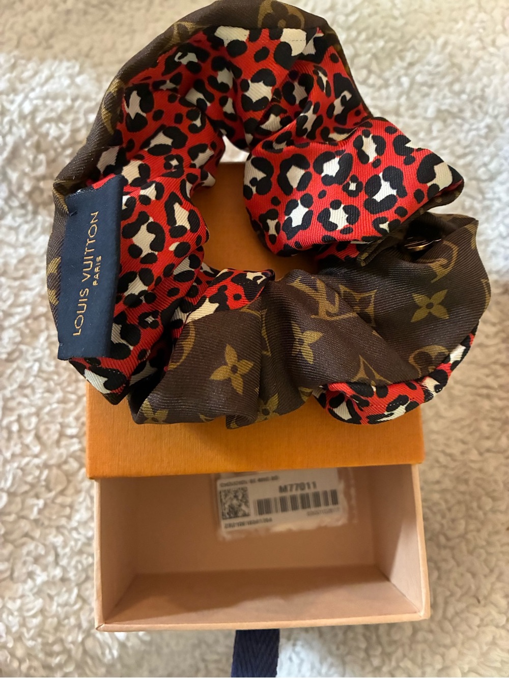 Louis Vuitton Brown Monogram & Red Leopard Silk Scrunchie